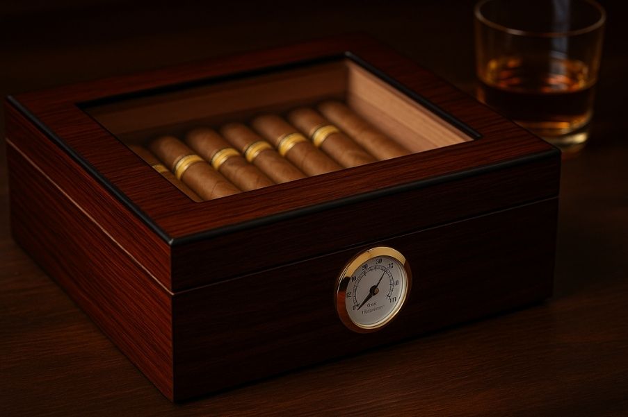 Closed glass-top wooden cigar humidor with visible cigars inside, featuring a built-in hygrometer, placed on a dark wood table beside a glass of whiskey.